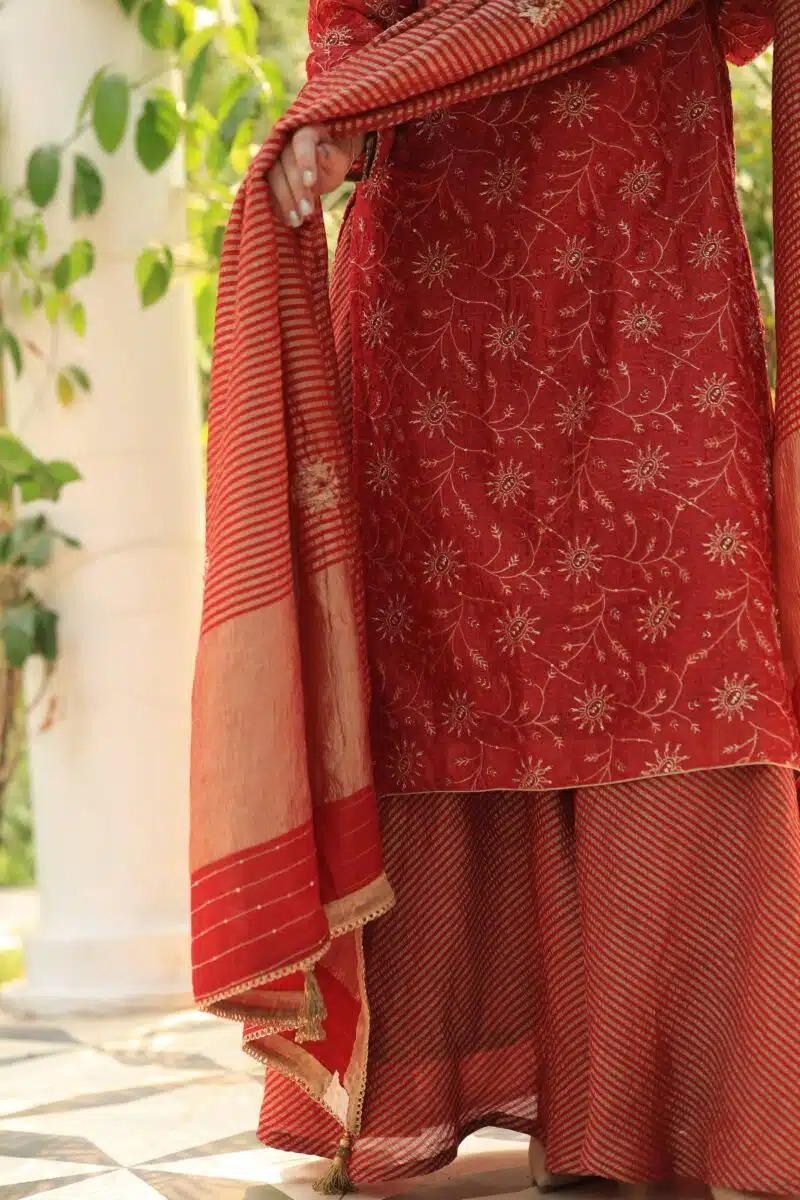 Red Silk Kota Chikankari Ari & Squins Work Sharara Set