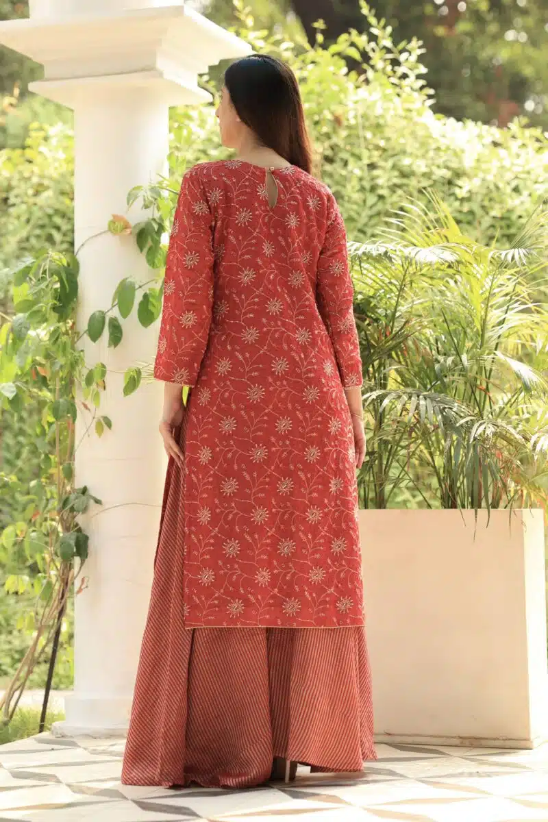 Red Silk Kota Chikankari Ari & Squins Work Sharara Set
