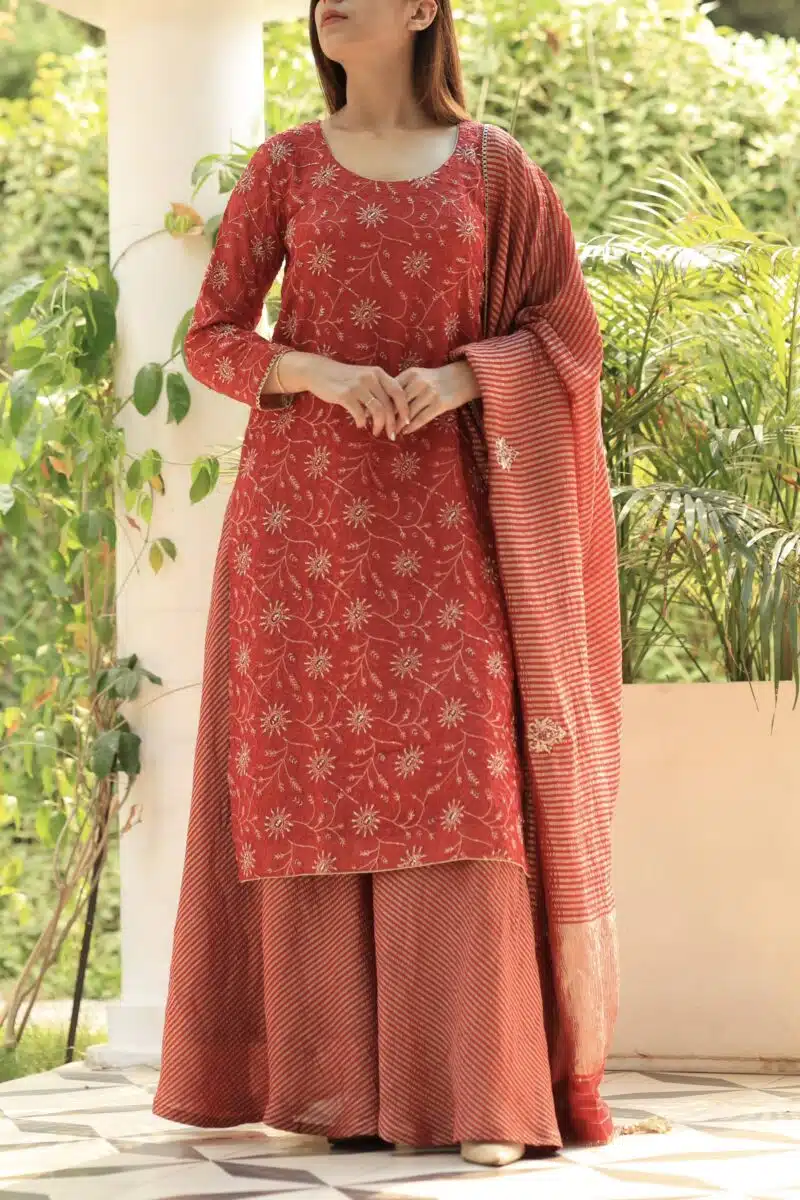 Red Silk Kota Chikankari Ari & Squins Work Sharara Set