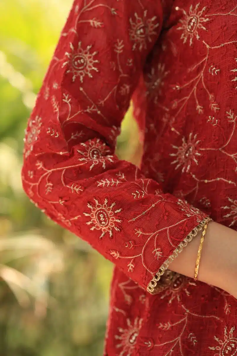 Red Silk Kota Chikankari Ari & Squins Work Sharara Set