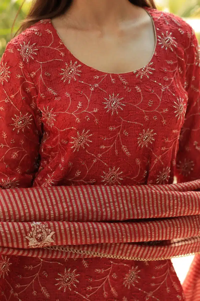 Red Silk Kota Chikankari Ari & Squins Work Sharara Set