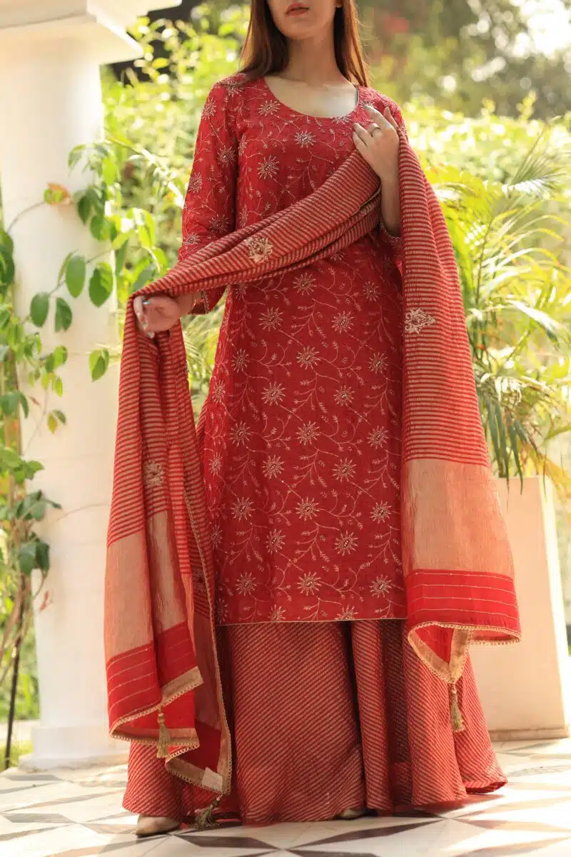 Red Silk Kota Chikankari Ari & Squins Work Sharara Set