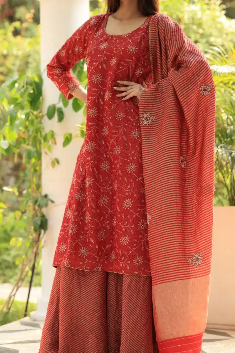 Red Silk Kota Chikankari Ari & Squins Work Sharara Set