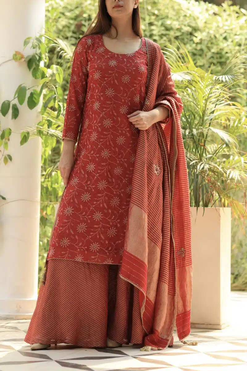 Red Silk Kota Chikankari Ari & Squins Work Sharara Set