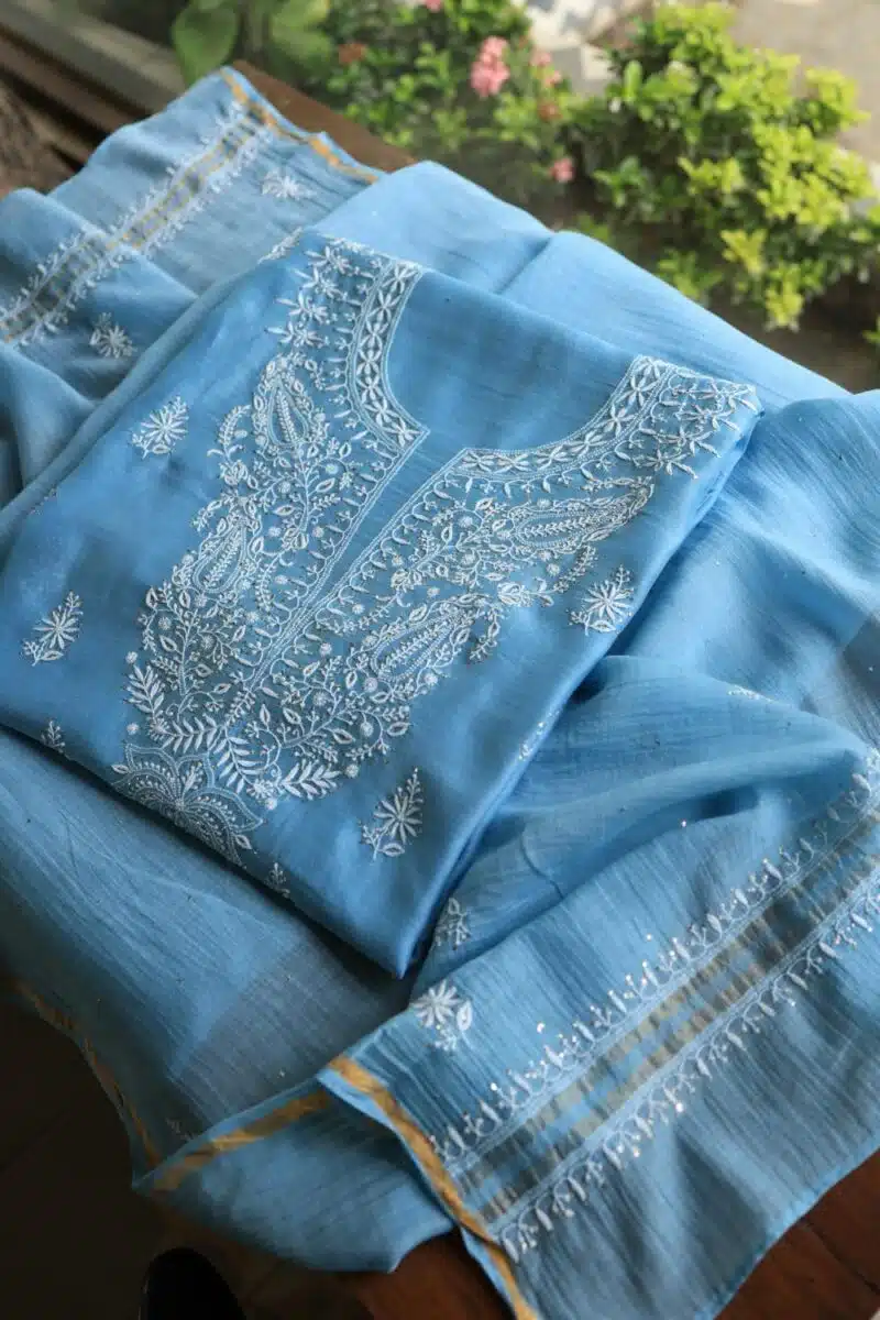 Blue Mal Cotton Chikankari Unstitched Kurta Dupatta Fabrics With Kamdani