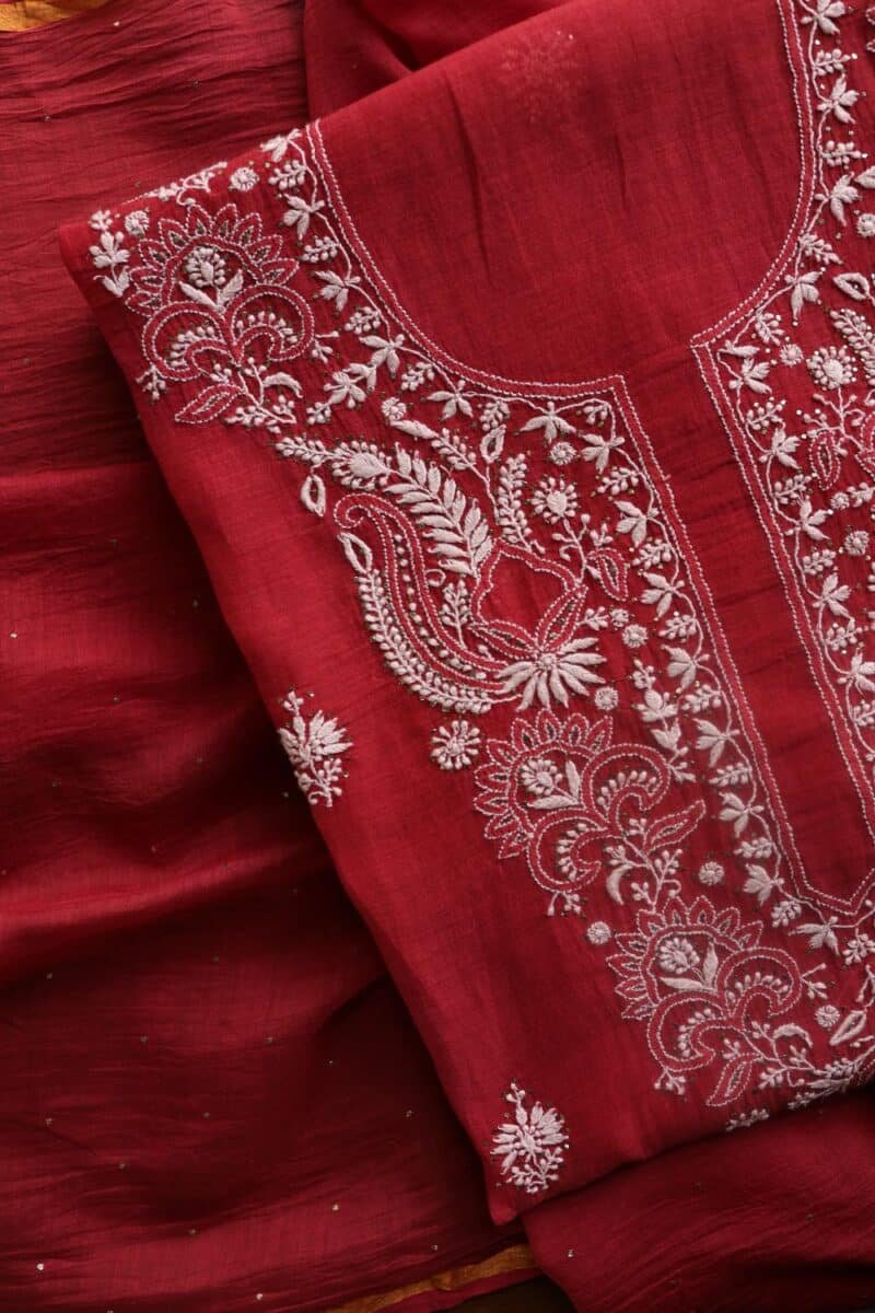 Red Mal Cotton Chikankari Unstitched Kurta Dupatta Fabrics With Kamdani