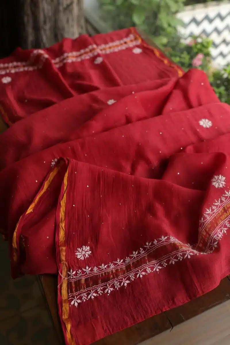 Red Mal Cotton Chikankari Unstitched Kurta Dupatta Fabrics With Kamdani