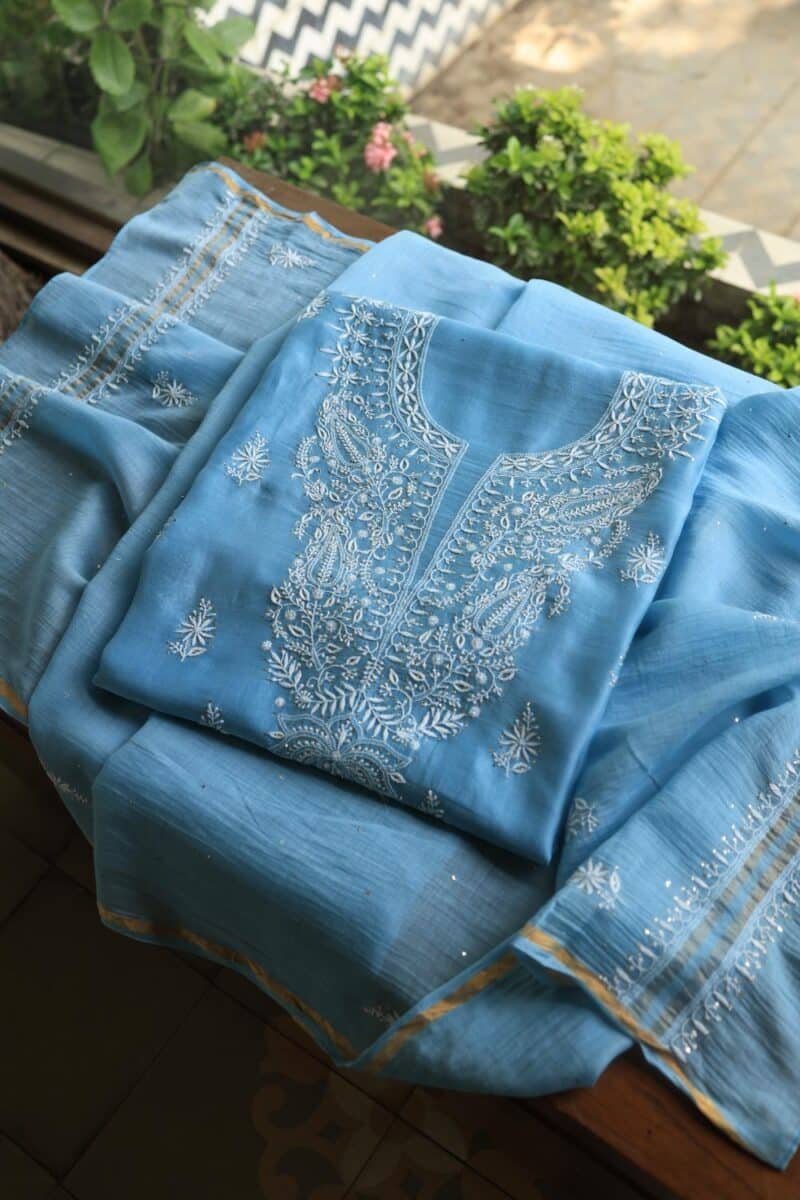 Blue Mal Cotton Chikankari Unstitched Kurta Dupatta Fabrics With Kamdani