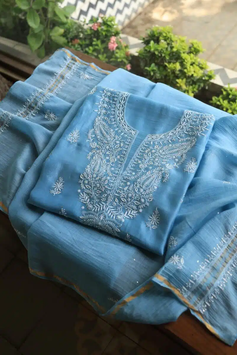 Blue Mal Cotton Chikankari Unstitched Kurta Dupatta Fabrics With Kamdani