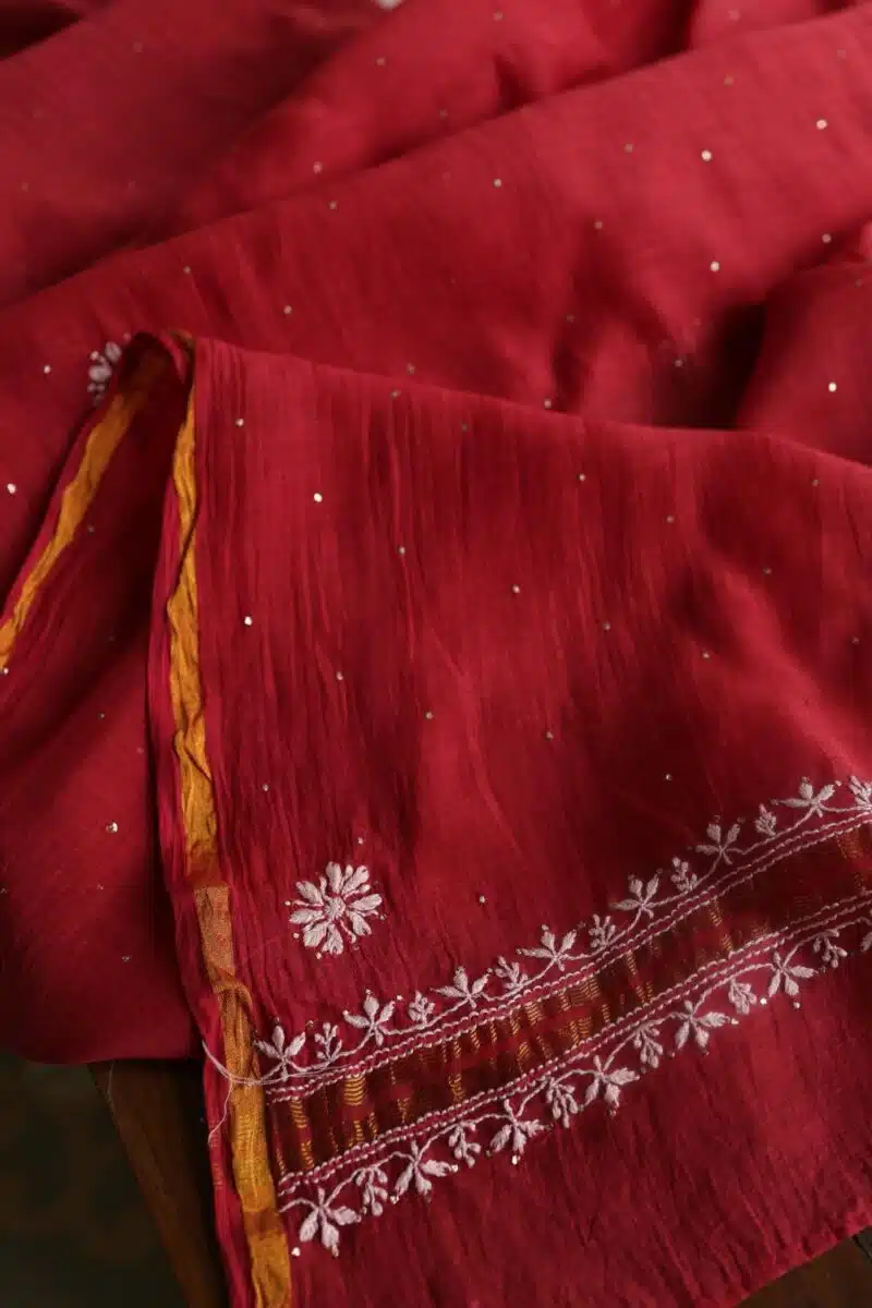 Red Mal Cotton Chikankari Unstitched Kurta Dupatta Fabrics With Kamdani