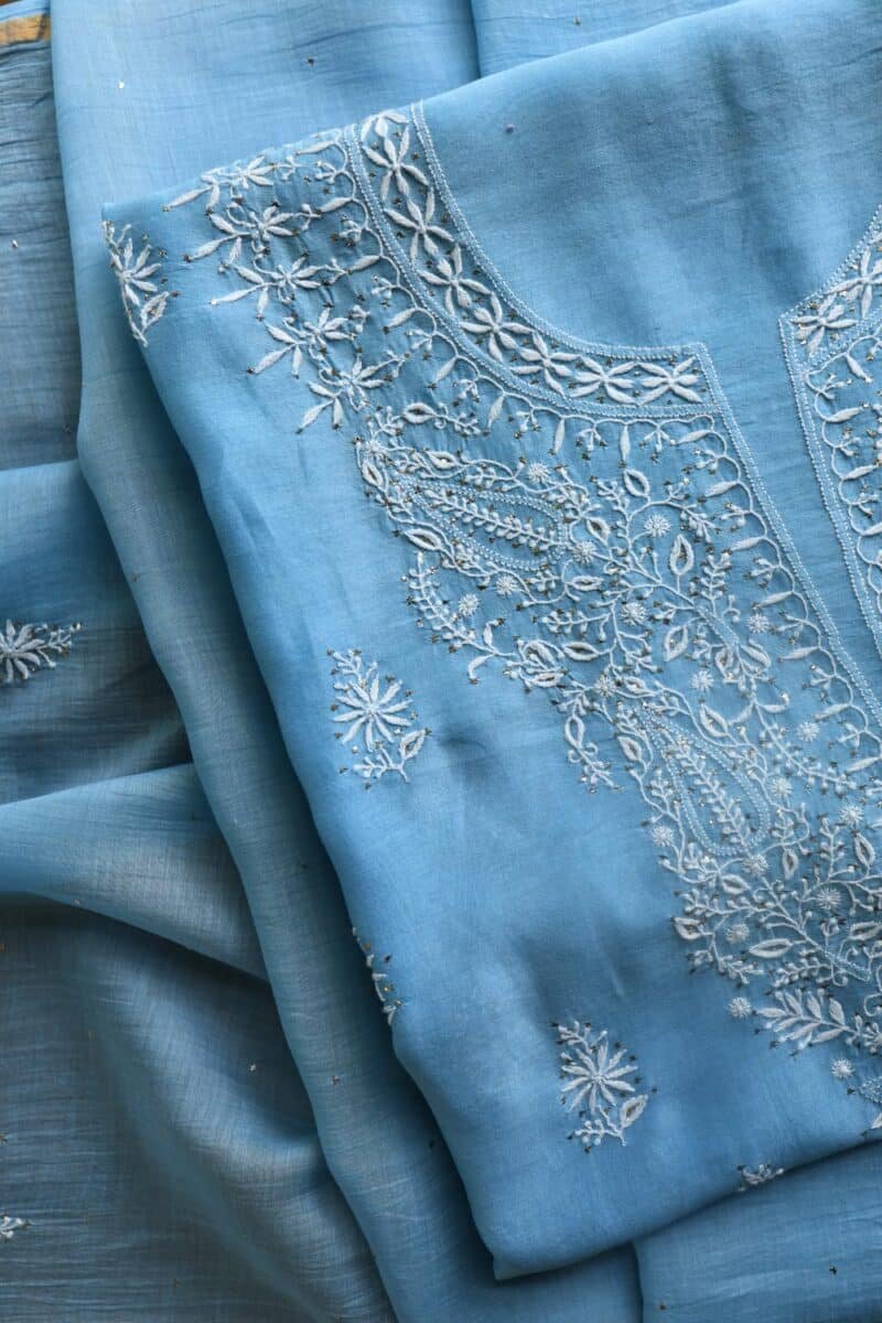 Blue Mal Cotton Chikankari Unstitched Kurta Dupatta Fabrics With Kamdani