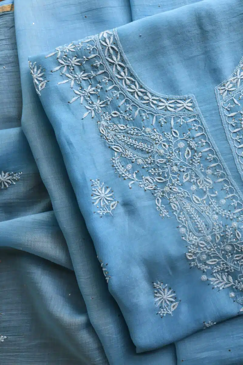 Blue Mal Cotton Chikankari Unstitched Kurta Dupatta Fabrics With Kamdani