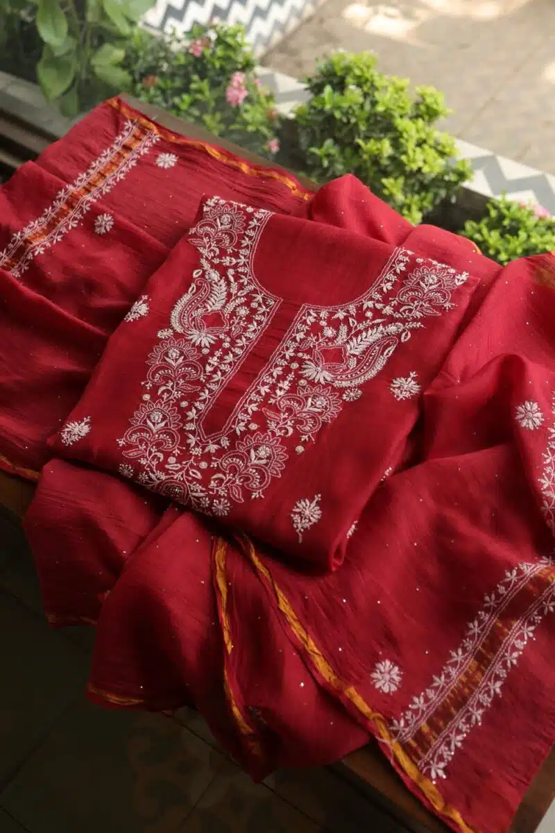 Red Mal Cotton Chikankari Unstitched Kurta Dupatta Fabrics With Kamdani