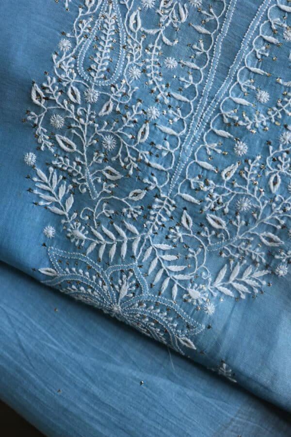 Blue Mal Cotton Chikankari Unstitched Kurta Dupatta Fabrics With Kamdani - Image 2