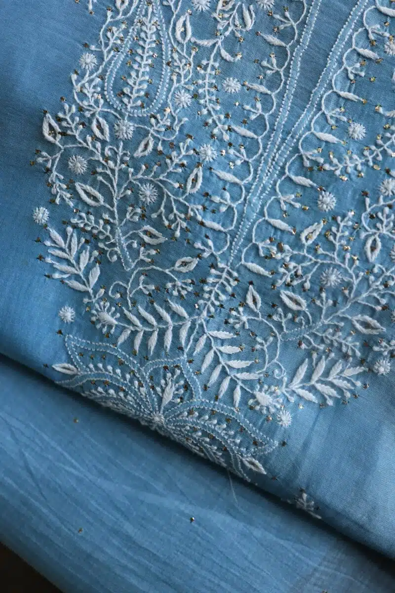 Blue Mal Cotton Chikankari Unstitched Kurta Dupatta Fabrics With Kamdani