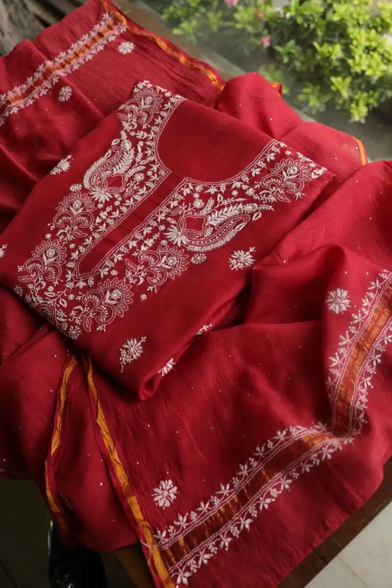 Red Mal Cotton Chikankari Unstitched Kurta Dupatta Fabrics With Kamdani