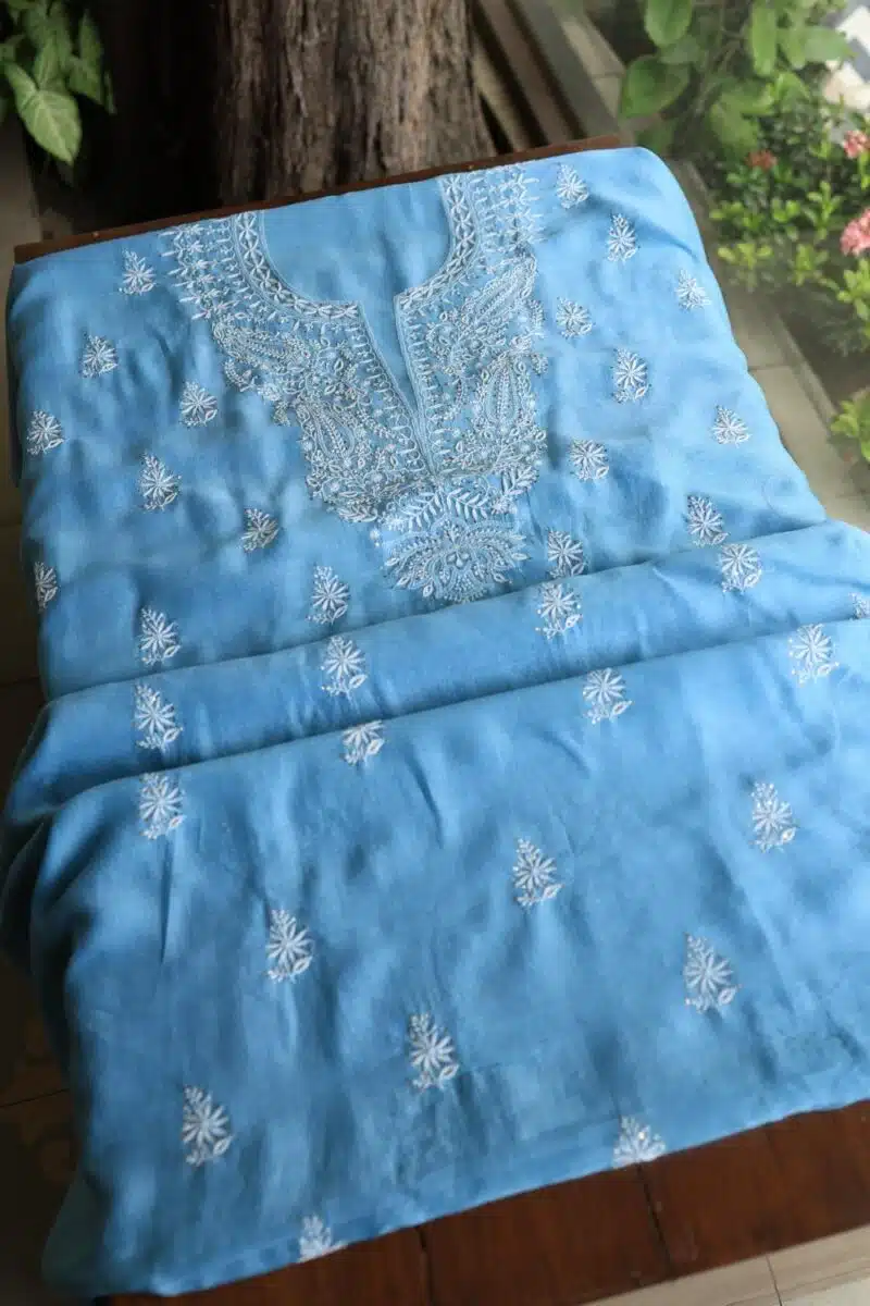 Blue Mal Cotton Chikankari Unstitched Kurta Dupatta Fabrics With Kamdani