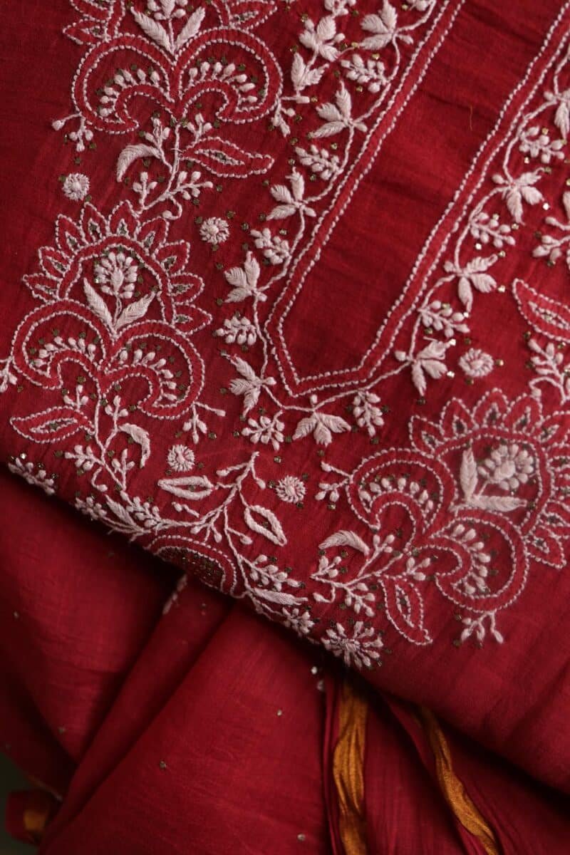 Red Mal Cotton Chikankari Unstitched Kurta Dupatta Fabrics With Kamdani