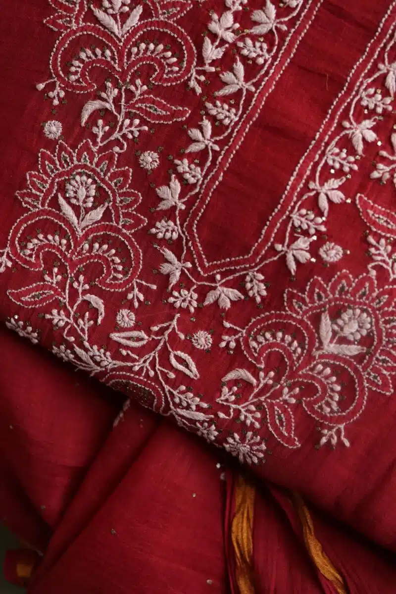 Red Mal Cotton Chikankari Unstitched Kurta Dupatta Fabrics With Kamdani