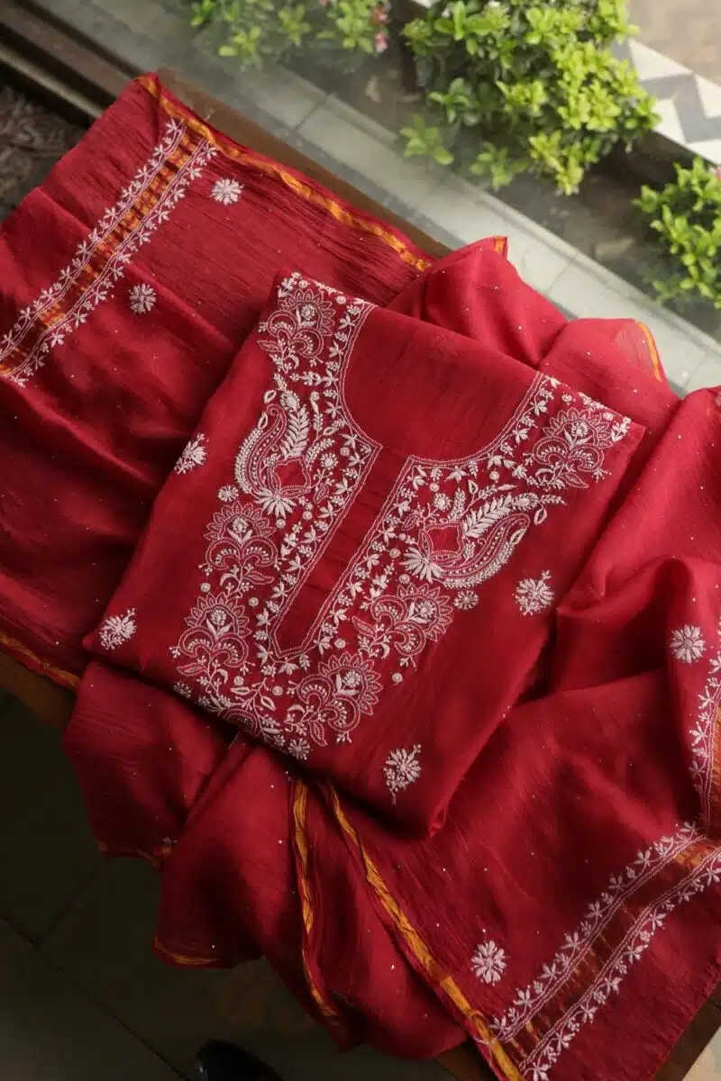 Red Mal Cotton Chikankari Unstitched Kurta Dupatta Fabrics With Kamdani