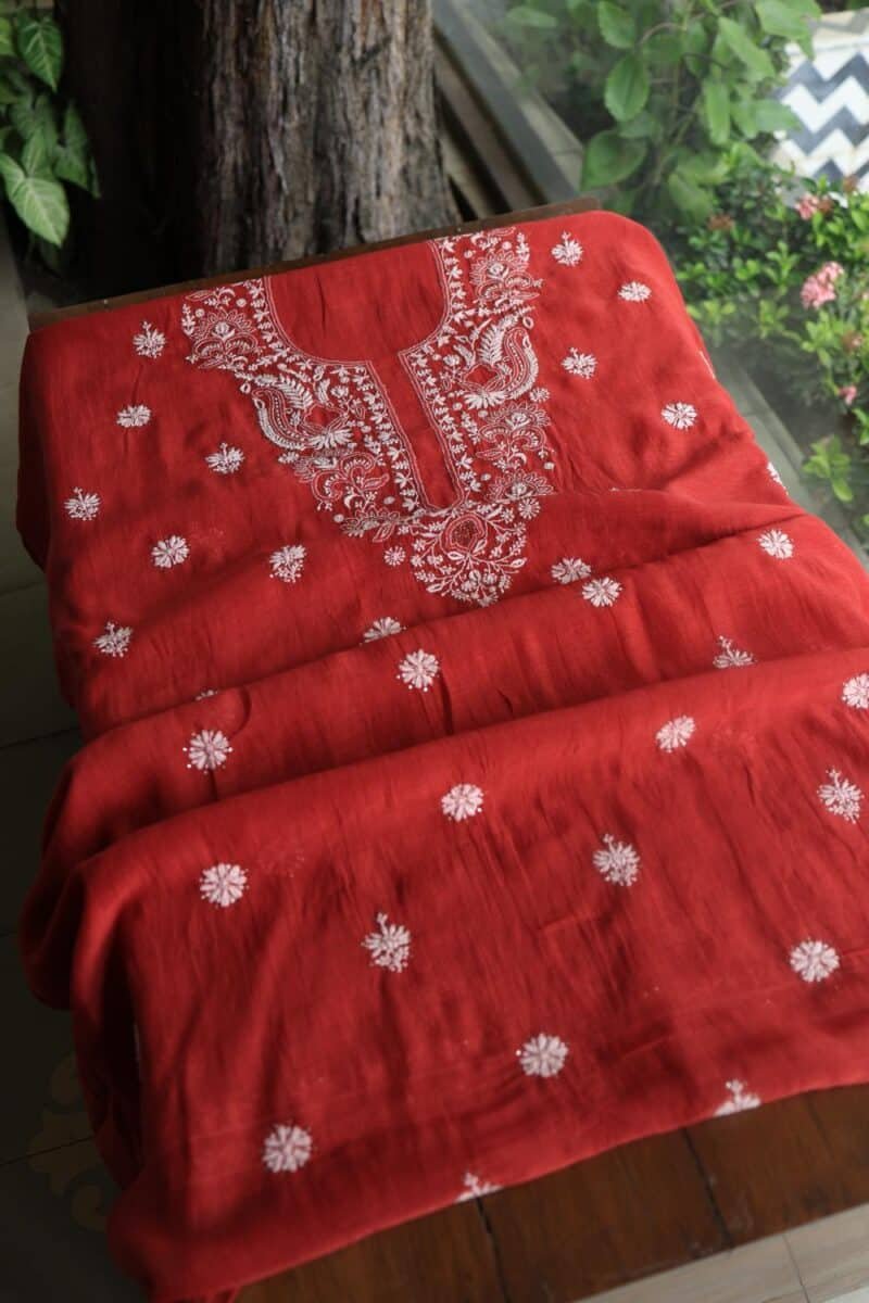 Red Mal Cotton Chikankari Unstitched Kurta Dupatta Fabrics With Kamdani