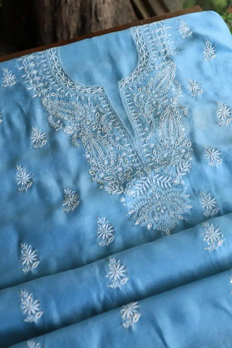 Blue Mal Cotton Chikankari Unstitched Kurta Dupatta Fabrics With Kamdani