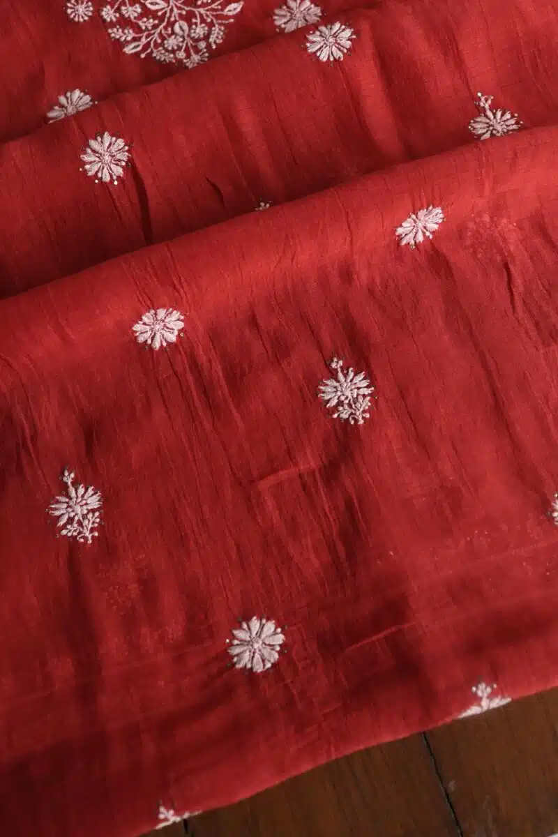 Red Mal Cotton Chikankari Unstitched Kurta Dupatta Fabrics With Kamdani