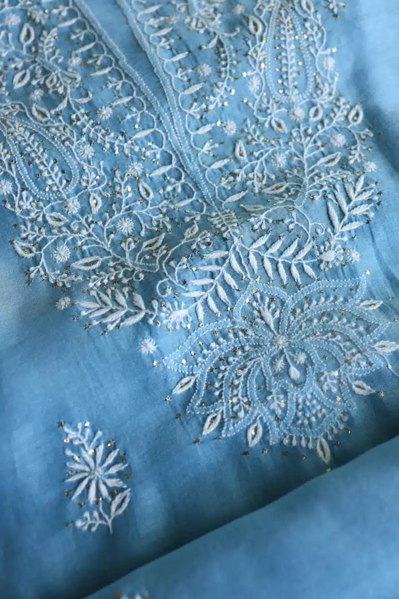 Blue Mal Cotton Chikankari Unstitched Kurta Dupatta Fabrics With Kamdani