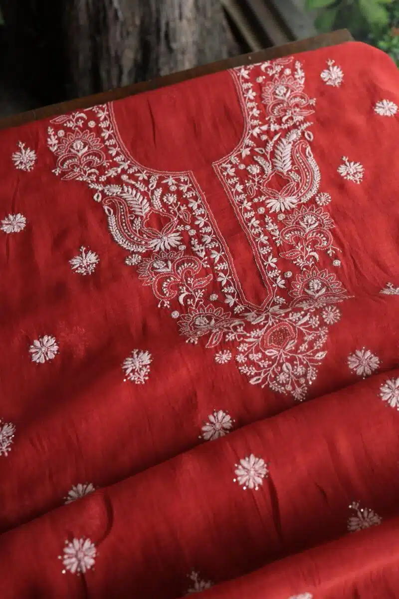 Red Mal Cotton Chikankari Unstitched Kurta Dupatta Fabrics With Kamdani