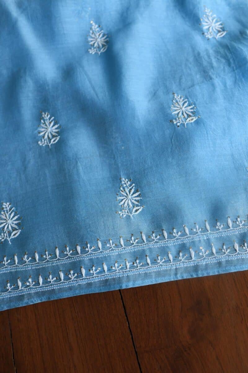 Blue Mal Cotton Chikankari Unstitched Kurta Dupatta Fabrics With Kamdani