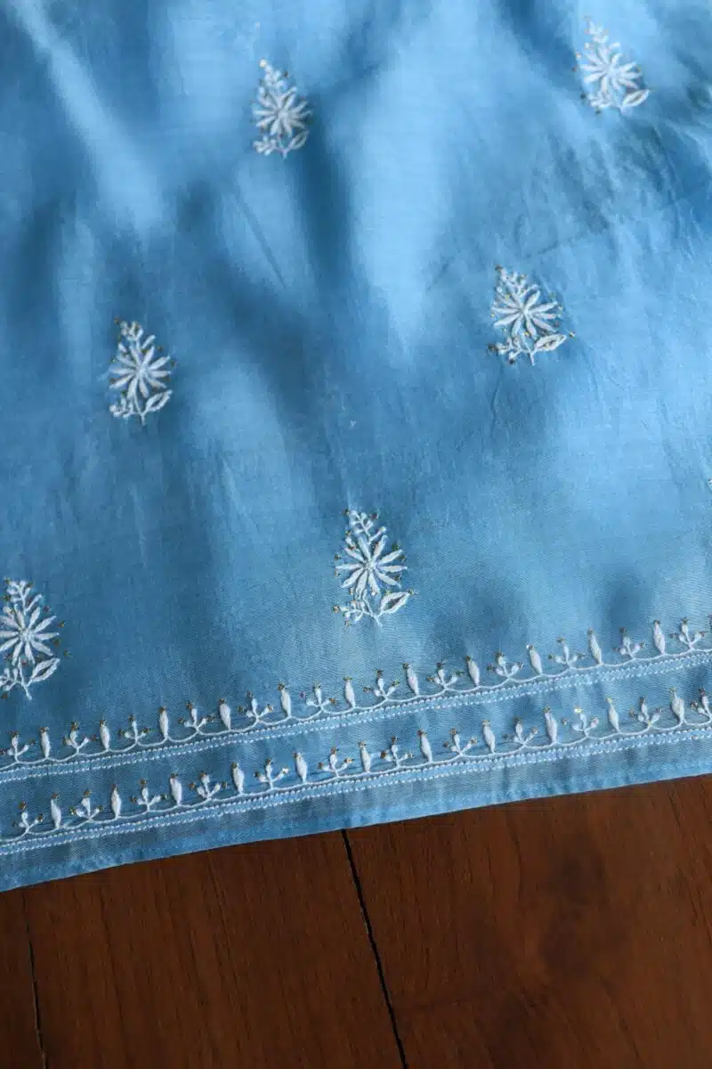 Blue Mal Cotton Chikankari Unstitched Kurta Dupatta Fabrics With Kamdani