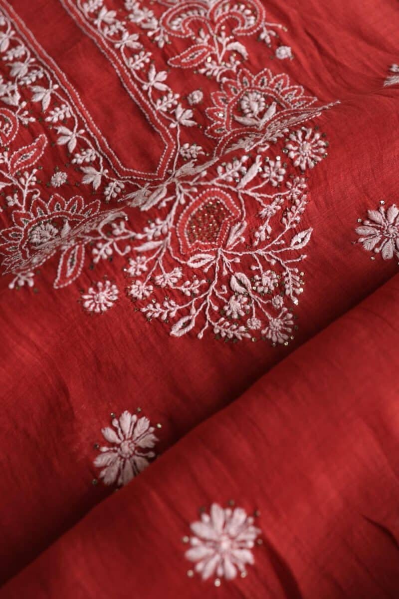 Red Mal Cotton Chikankari Unstitched Kurta Dupatta Fabrics With Kamdani