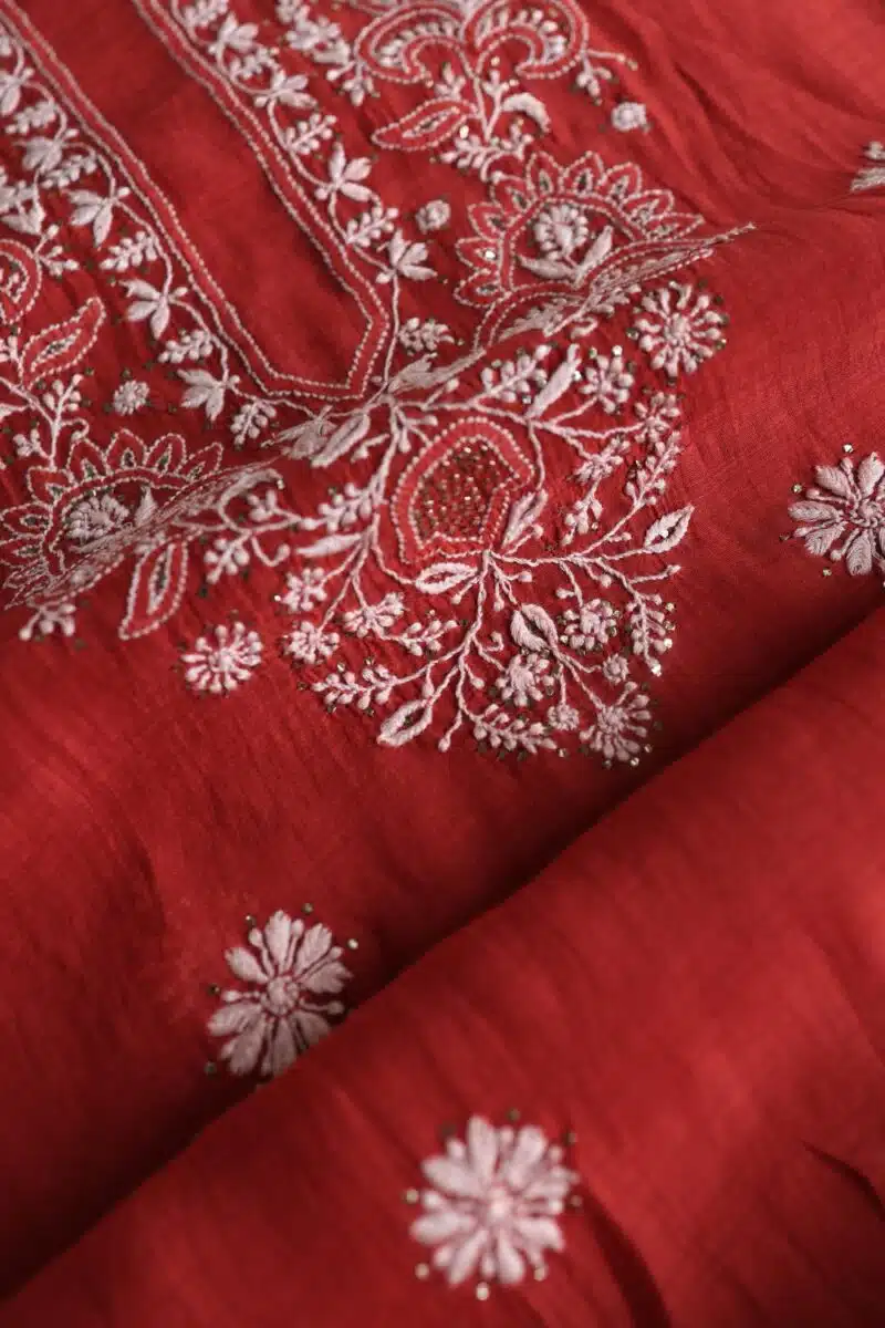 Red Mal Cotton Chikankari Unstitched Kurta Dupatta Fabrics With Kamdani