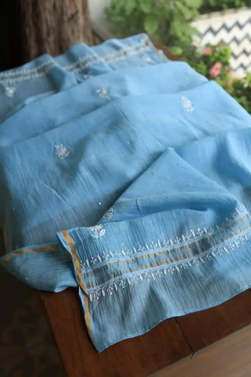 Blue Mal Cotton Chikankari Unstitched Kurta Dupatta Fabrics With Kamdani