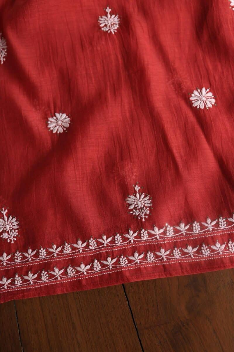 Red Mal Cotton Chikankari Unstitched Kurta Dupatta Fabrics With Kamdani