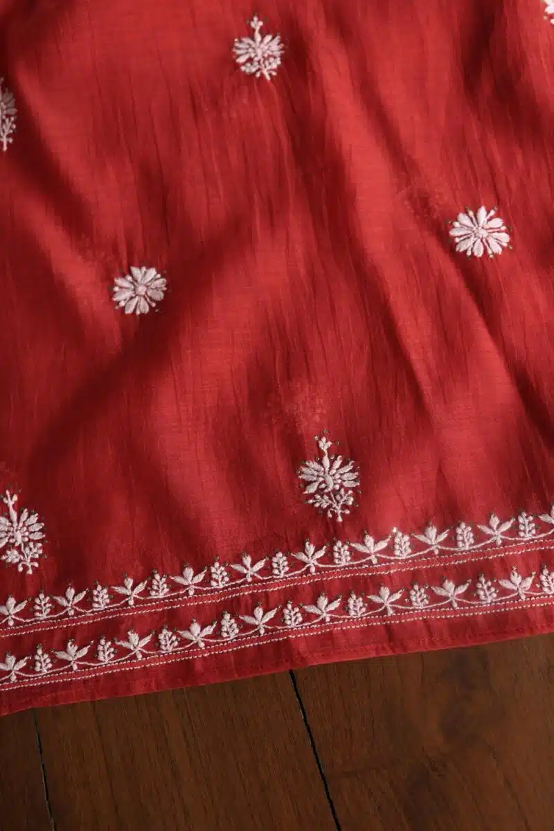 Red Mal Cotton Chikankari Unstitched Kurta Dupatta Fabrics With Kamdani