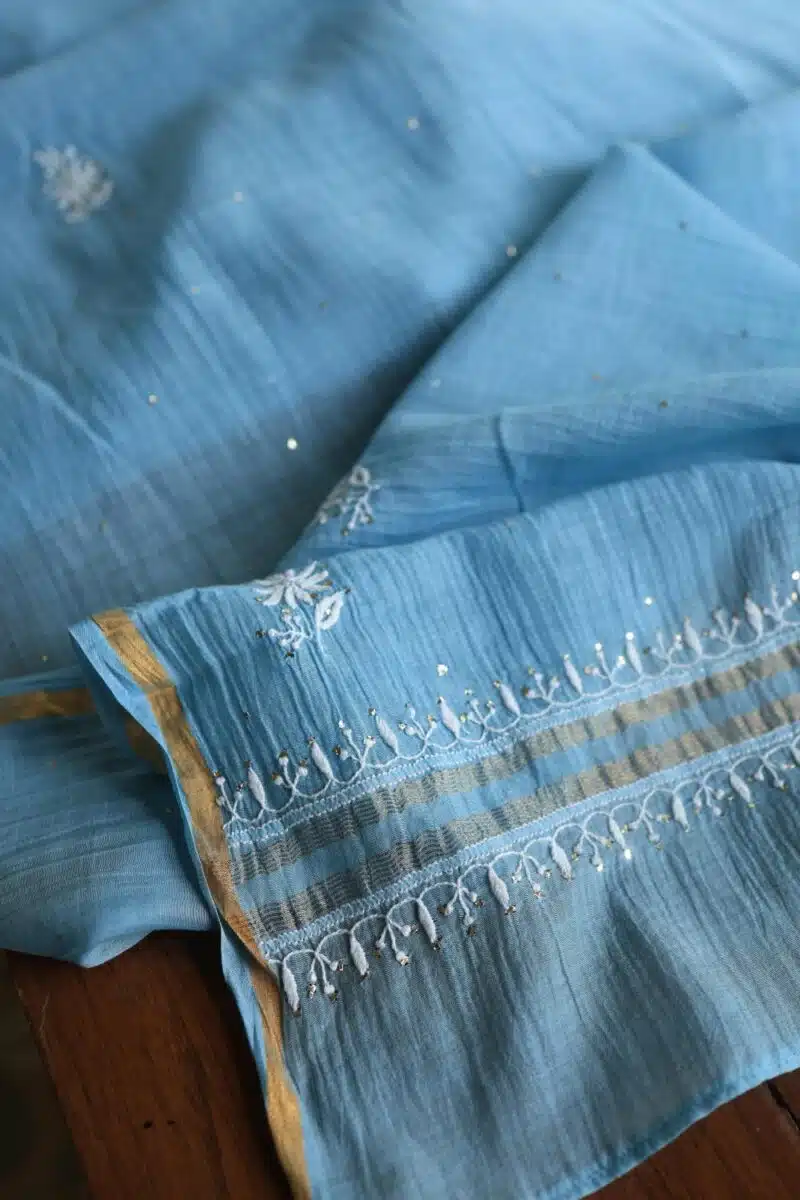 Blue Mal Cotton Chikankari Unstitched Kurta Dupatta Fabrics With Kamdani