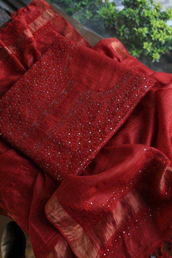 Roheen Tussar Silk Fine Chikankari Unstitched Fabrics - Image 5