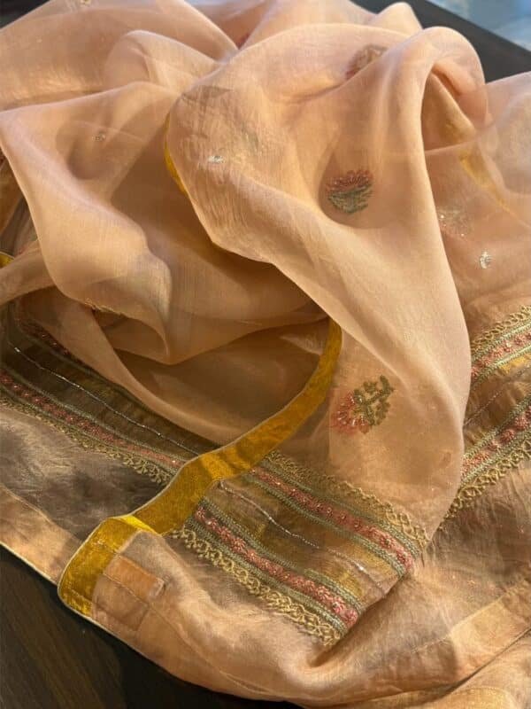 Saffron Peach Noor Banarasi Organza Chikankari Unstitched Fabrics - Image 10