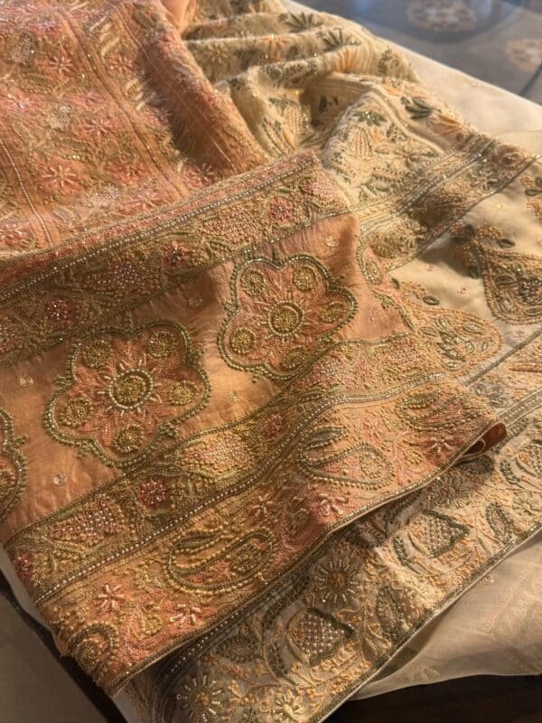 Saffron Peach Noor Banarasi Organza Chikankari Unstitched Fabrics - Image 3
