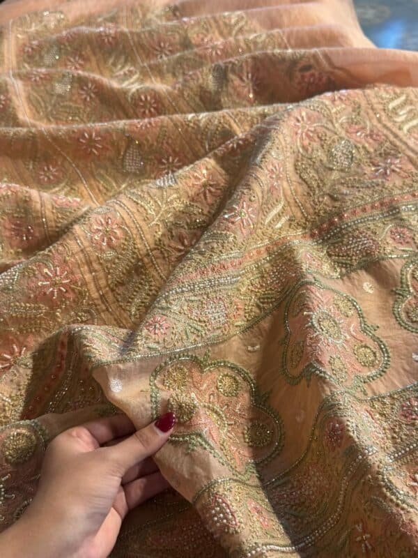 Saffron Peach Noor Banarasi Organza Chikankari Unstitched Fabrics - Image 4