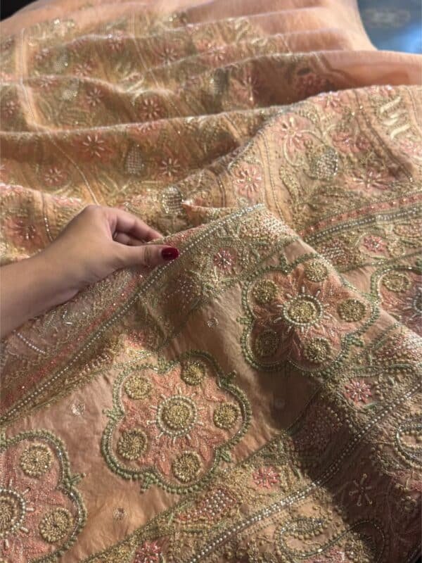 Saffron Peach Noor Banarasi Organza Chikankari Unstitched Fabrics