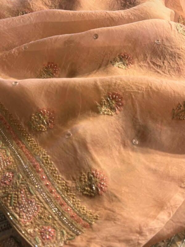 Saffron Peach Noor Banarasi Organza Chikankari Unstitched Fabrics - Image 8
