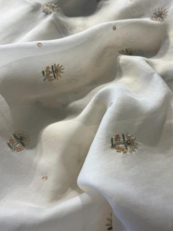 White Noor Banarasi Organza Chikankari Unstitched Fabrics - Image 8