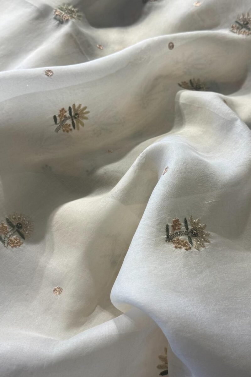 White Noor Banarasi Organza Chikankari Unstitched Fabrics
