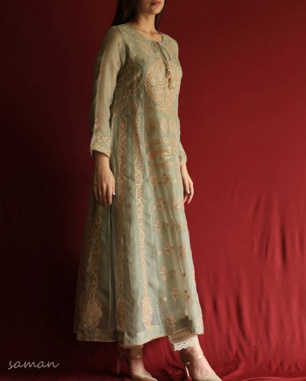 Sage Green Noor Organza Chikankari Anarkali Set - Image 6