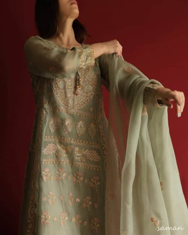 Sage Green Noor Organza Chikankari Anarkali Set - Image 8