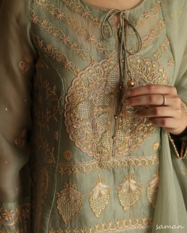 Sage Green Noor Organza Chikankari Anarkali Set - Image 9