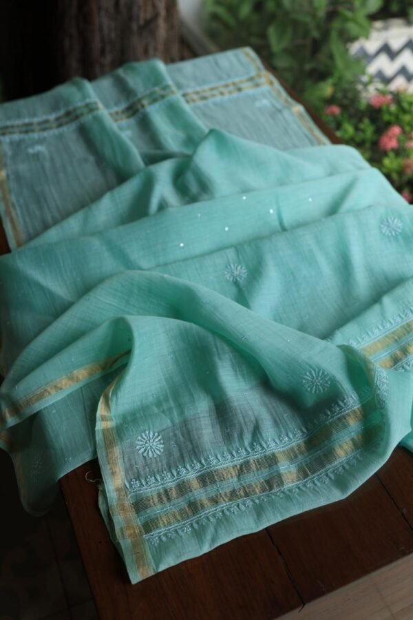 Sea Green Malmals Pearl Work Chikankari Fabrics - Image 14