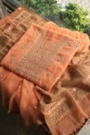 Orange Salmon  Handloom Kota Chikankari With Mirror Work Unstitched Kurta Dupatta Set